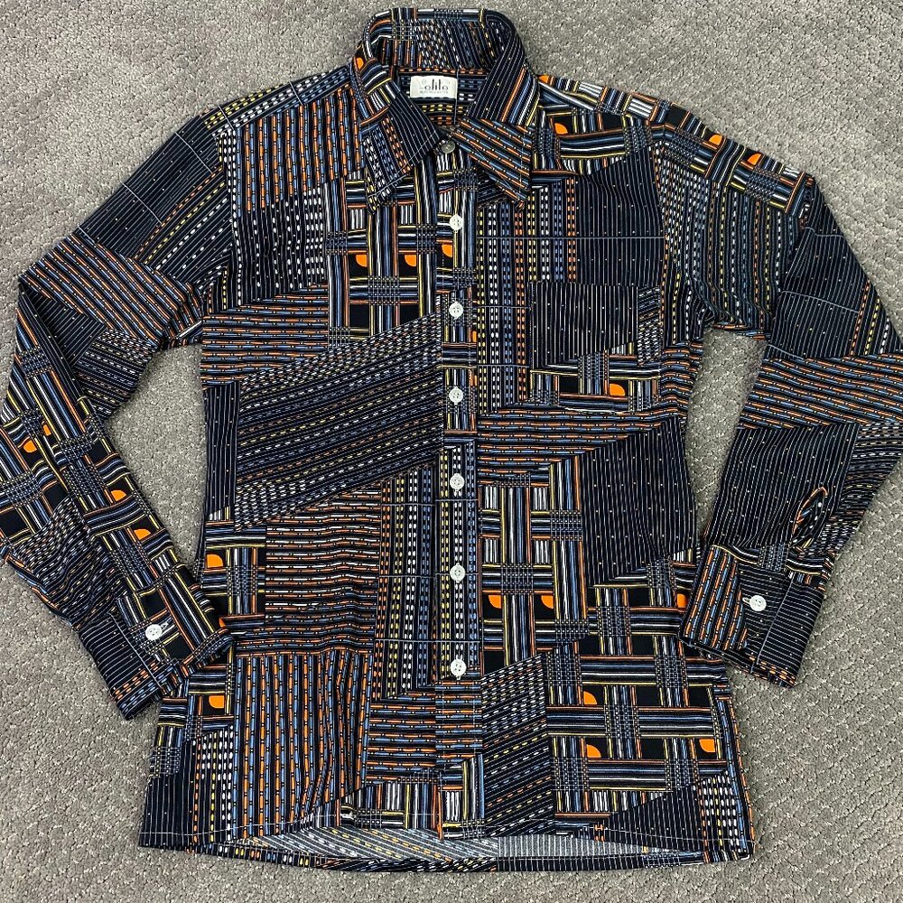Vintage 70s Disco Shirt Mens Medium Geometric Dagger Collar Polyester elite